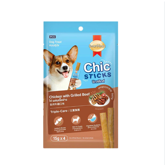 SmartHeart Chic Sticks ซอง15gx4 Chicken with Grilled Beeg/ไก่ผสมเนื้อย่าง