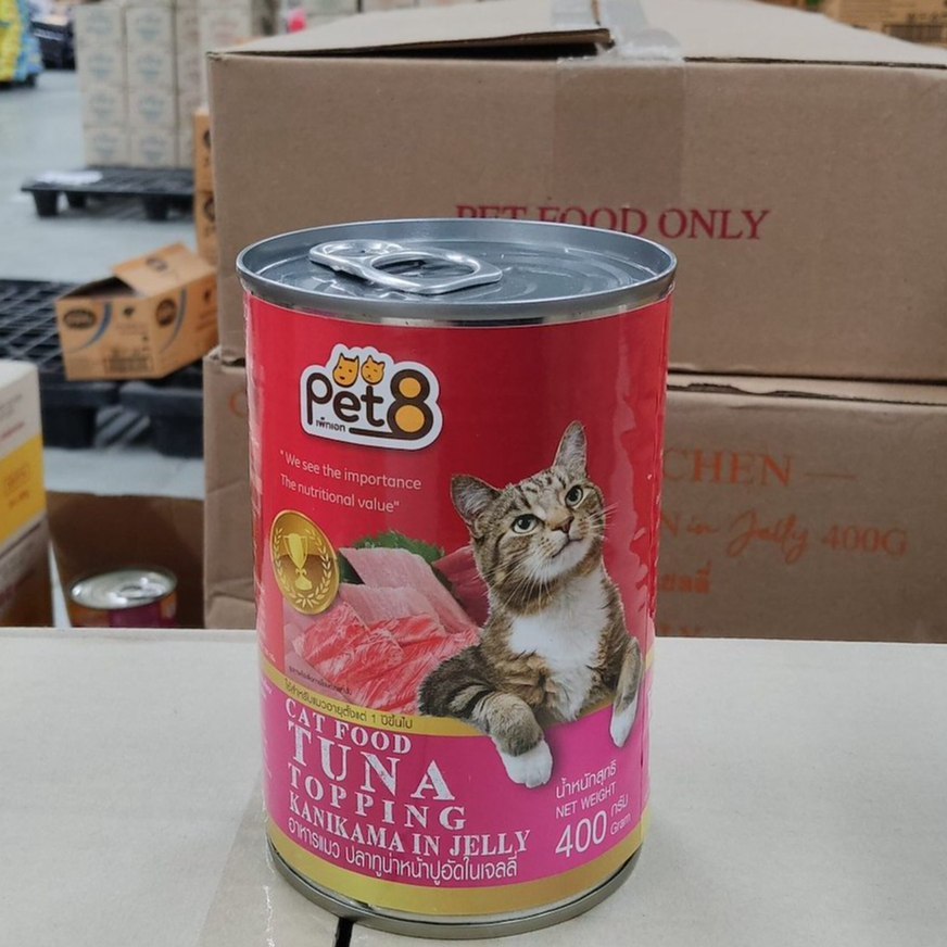 pet8 400g CC07 ปลาทูน่าหน้าปูอัดในเจลลี่