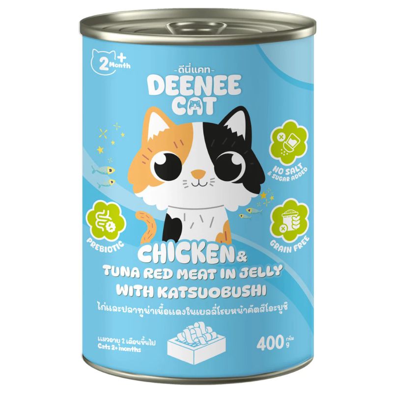 Deenee-Cat กระป๋อง 400g DCC03 ไก่+ทูน่าในเยลลี่-หน้าคัตสึโอะบูชิ (ฟ้า)