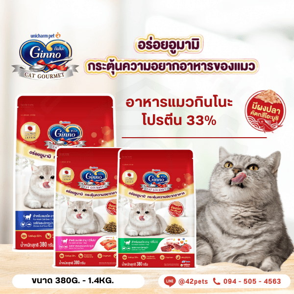 Ginno กินโนะ อาหารเม็ดแมว แมวโต มีผงปลา ทานง่าย บำรุงขน สูตร ปลา ไก่ แกะ แซลมอน ทูน่า ขนาด 380g.- 1.4kg