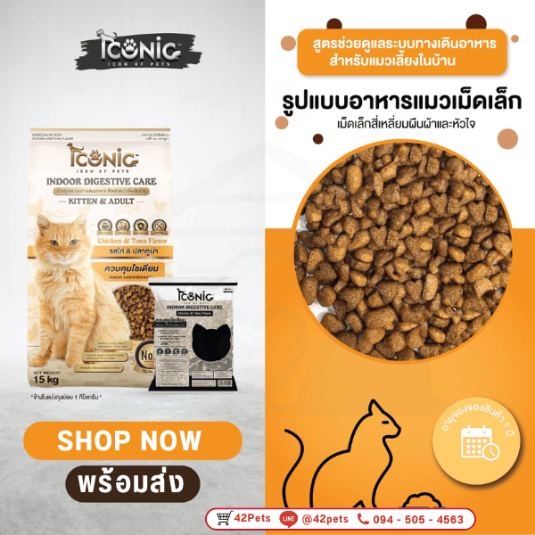 Iconic Cat Food Indoor Digestive Care Kitten & Adult Chicken &Tuna Flavour  อาหารเม็ดสำหรับลูกแมวและแมวโตเลี้ยงในบ้าน ช่วยดูแลระบบทางเดินอาหาร  สูตรเนื้อไก่และปลาทูน่า