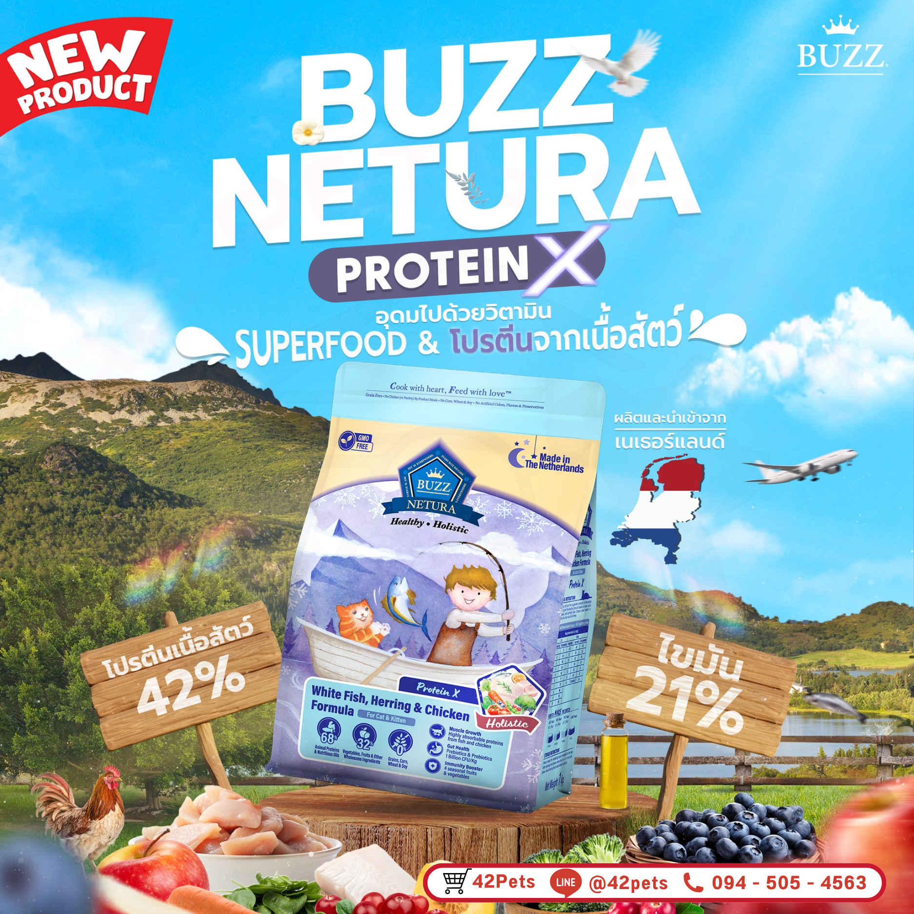 New Arrival สูตรใหม่ล่าสุด 💯❗️ BUZZ NETURA HOLISTIC GRAIN FREE PROTEIN X  White Fish,Herring & Chicken Formula บัซซ์ เนทูร่า โฮลิสติกเกรน ฟรี โปรตีน เอ็กซ์ สูตร ปลาเนื้อขาว ปลาแฮร์ริ่ง และ ไก่🐣🐟