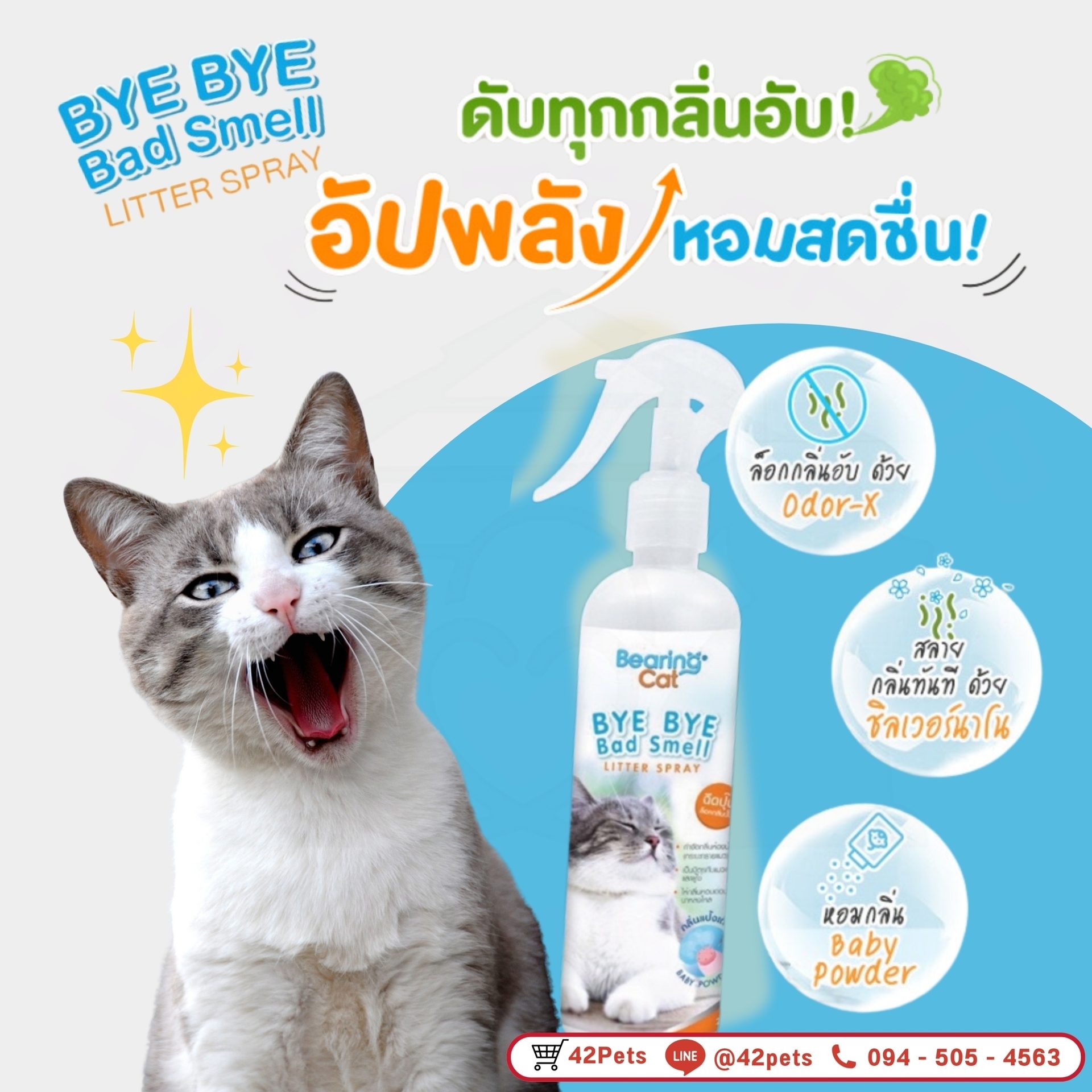 Bearing Cat Bye Bye Bad Smell Litter Spray แบริ่ง สเปรย์ดับกลิ่นทรายแมว 250ml.