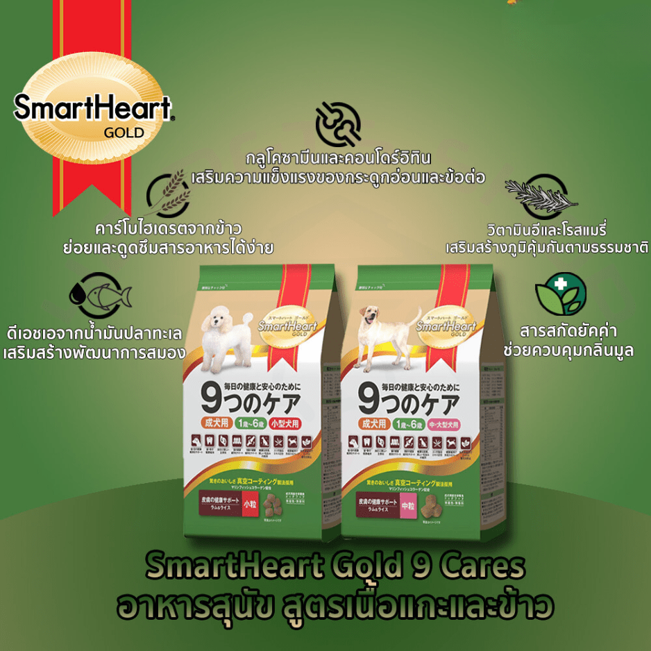 Smartheart Gold 9 Cares สมาร์ทฮาร์ทโกลด์ 9 แคร์ อาหารสุนัข สูตรเนื้อแกะและข้าว