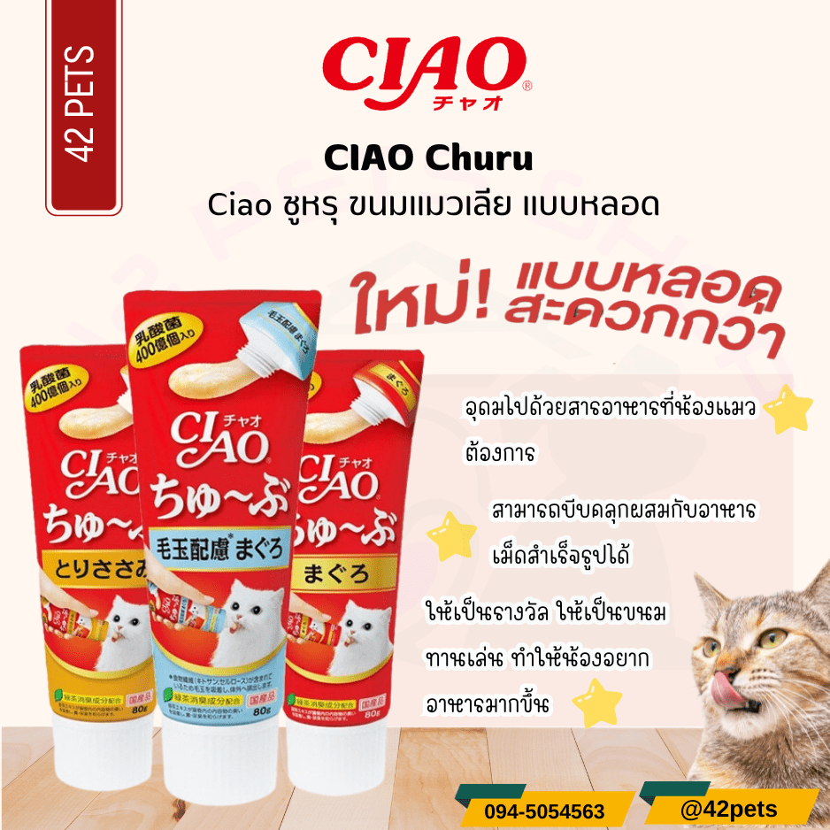 Ciao Churu Tube เชา ชูหรุ ทูบ ขนมแมวเลียแบบหลอด 80g.
