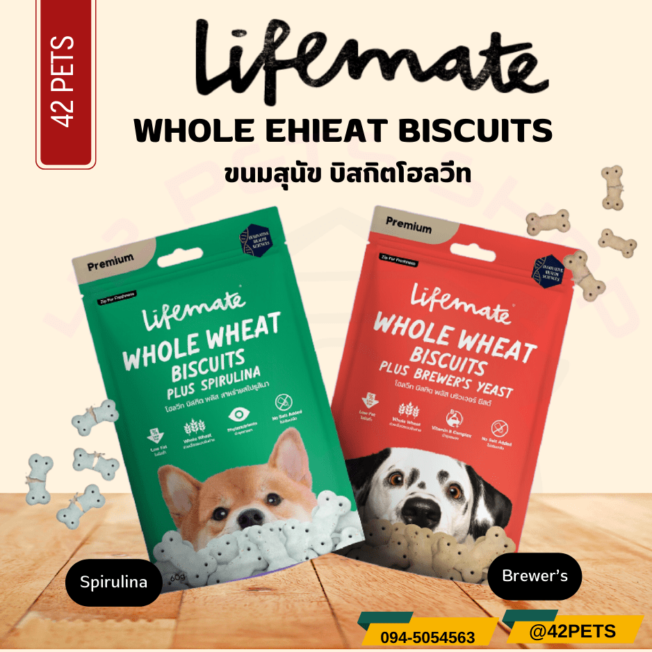 Lifemate ขนมสุนัข บิสกิตโฮลวีท พรีเมี่ยม ไข่มันต่ำ ไม่เติมเกลือ  ขนาด 60 กรัม