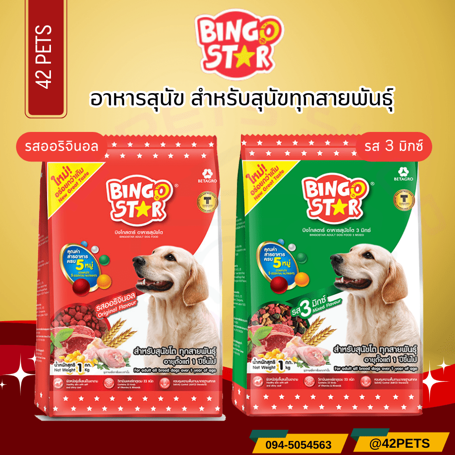 BINGO STAR อาหารสุนัขแบบแห้ง อาหารเม็ด สำหรับสุนัขโต กินได้ทุกสายพันธุ์ ขนสวย เงางาม