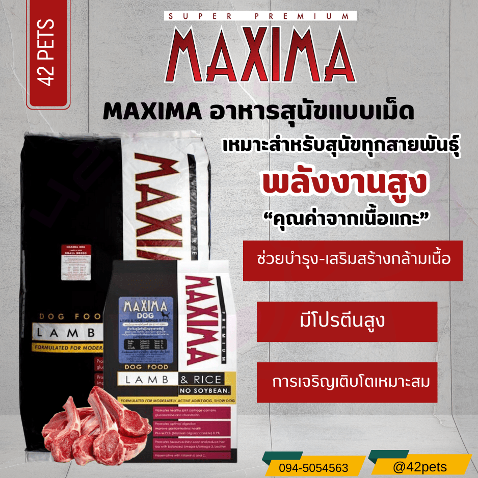 MAXIMA อาหารเม็ดสำหรับสุนัขพันธุ์ใหญ่และพันธุ์เล็ก  ขนาด 1kg. และ 15 kg.