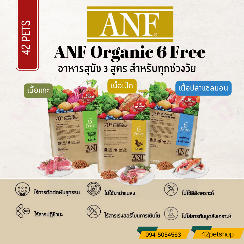 ANF Organic 6 Free อาหารสุนัข สูตร เนื้อเป็ด | ปลาแซลมอน | แกะ สำหรับสุนัขทุกช่วงวัย ทุกสายพันธุ์