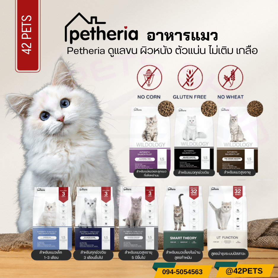 Petheria อาหารแมว เพ็ทเทอเรีย ครบทุกสูตร ทุกช่วงวัย เกรนฟรี กลูเตนฟรี ลดการเกินก้อนขน ไม่เค็ม
