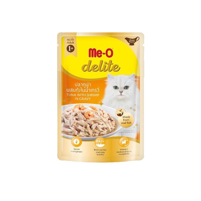 Me-O Delite 70gซอง/D7 โต ทูน่าผสมกุ้ง ในน้ำเกรวี่