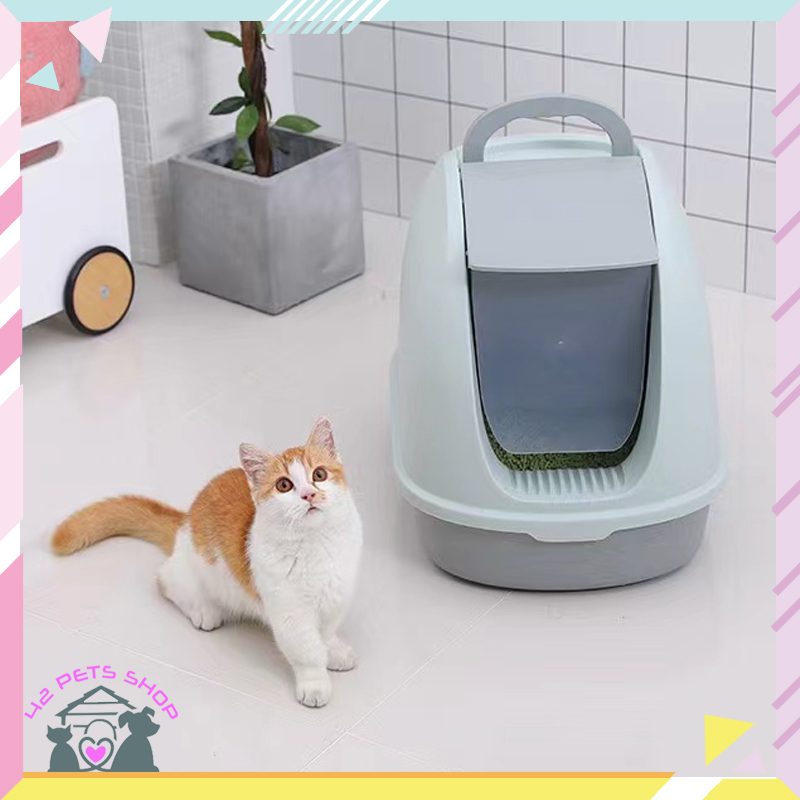 CD0043-cat toilet 01 ห้องน้ำแมว มีฝาครอบ(โดมมีฝาครอบ-ฟ้า)