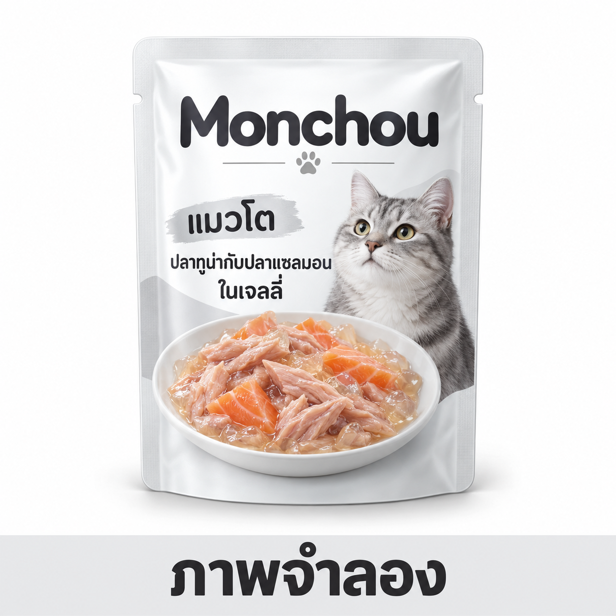 CD0207-Monchou แมวเปียก 80 g(กล่อง*12ซอง/โต ปลาทูน่ากับปลาแซลมอนในเจลลี่)