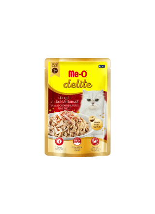 Me-O Delite 70gซอง/D5 โต ทูน่าและน่องไก่ฉีกโอ ในเยลลี่