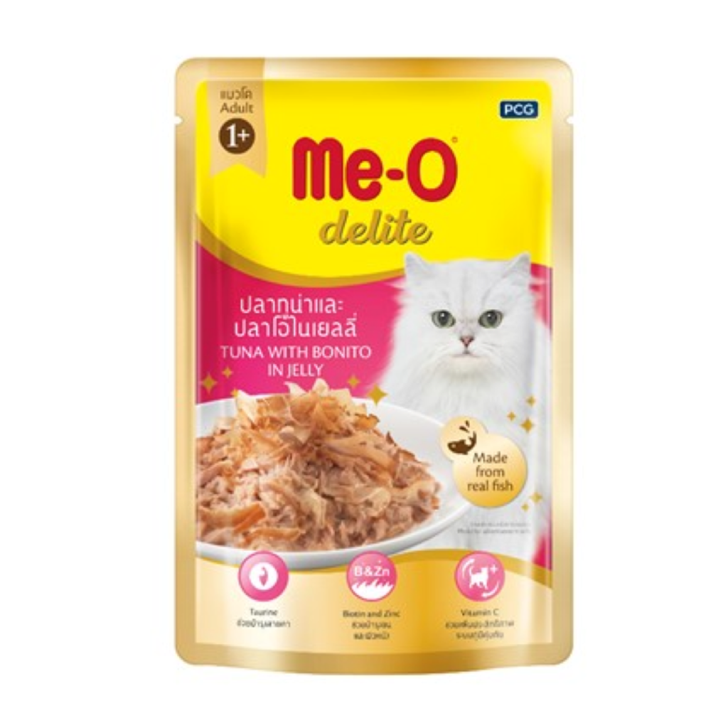 Me-O Delite 70gซอง/D2 โต ทูน่าและปลาโอ ในเยลลี่