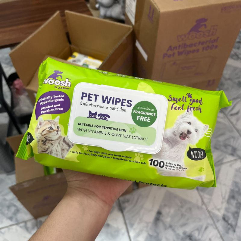 WOOSH PET WIPES-ทิชชู่เปียก ห่อx100 แผ่น ไม่มีน้ำหอม (เขียว)