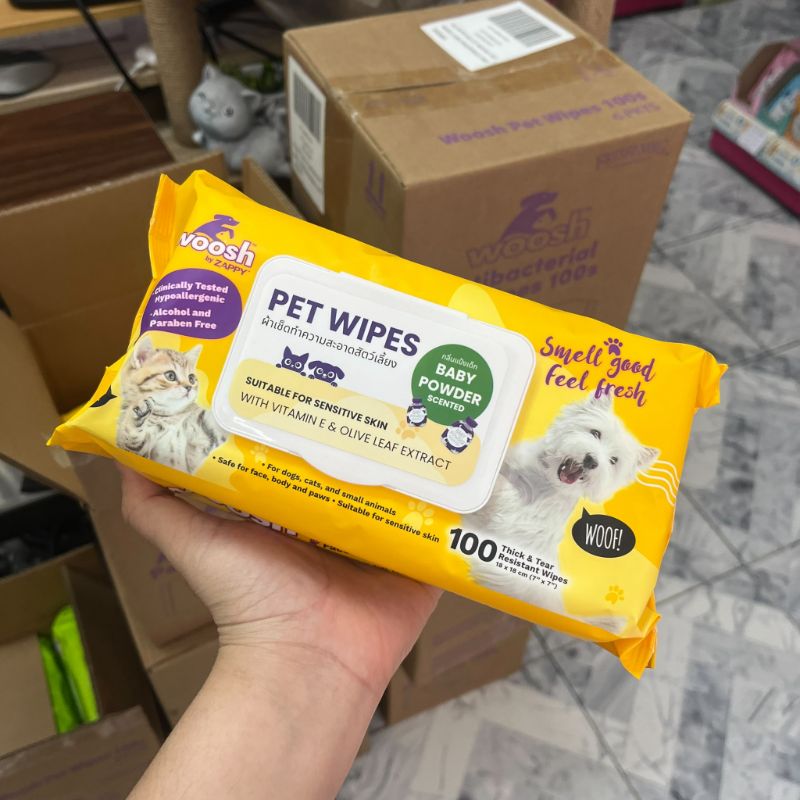 WOOSH PET WIPES-ทิชชู่เปียก ห่อx100 แผ่น กลิ่นแป้งเด็ก (เหลือง)