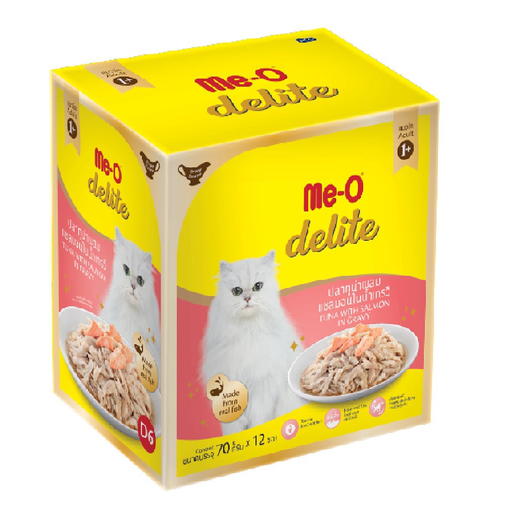 Me-O Delite 70gโหล/D6 โต ทูน่าผสมแซลมอนในน้ำเกรวี่