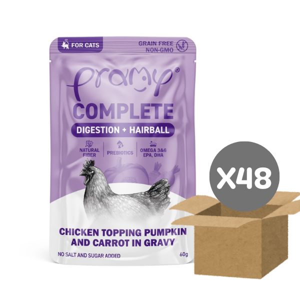 Pramy Complete ลัง 70g CF6 Digestion Hairball (ไก่-ฟักทอง-แครอทเกรวี่)